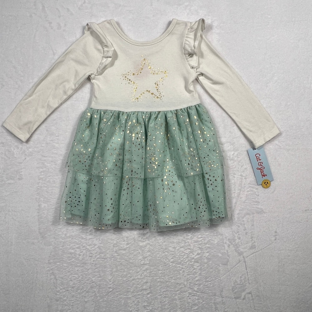 Cat & Jack Toddler Girls 2T Cream Mint Gold Star Tulle Tutu Dress Ruffle NWT